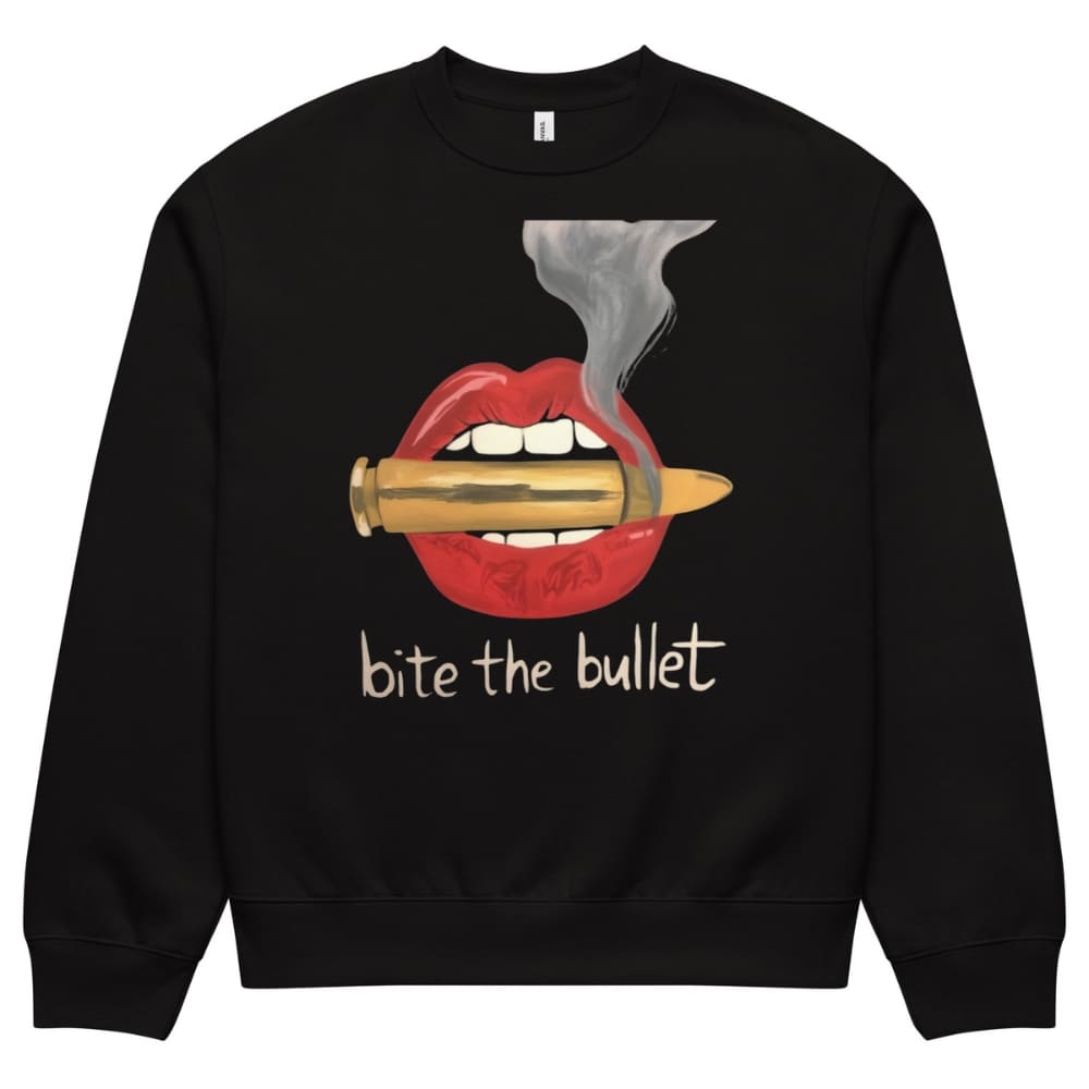 Black sweatshirt with graphic design of lips biting a bullet and 'bite the bullet' text on a white background