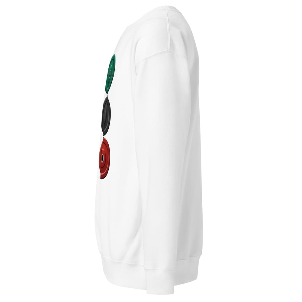 White sweatshirt with colorful buttons on a white background