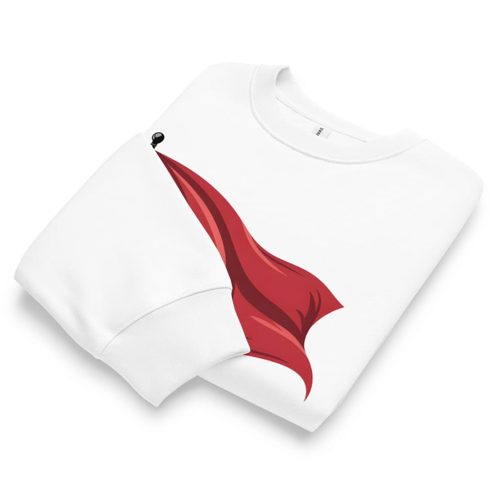 White t-shirt with a red graphic design on a white background