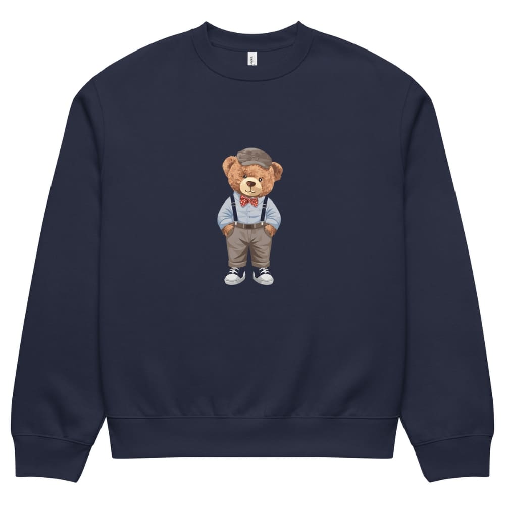 Navy blue sweatshirt with a teddy bear design on a white background