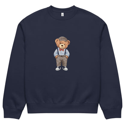 Navy blue sweatshirt with a teddy bear design on a white background