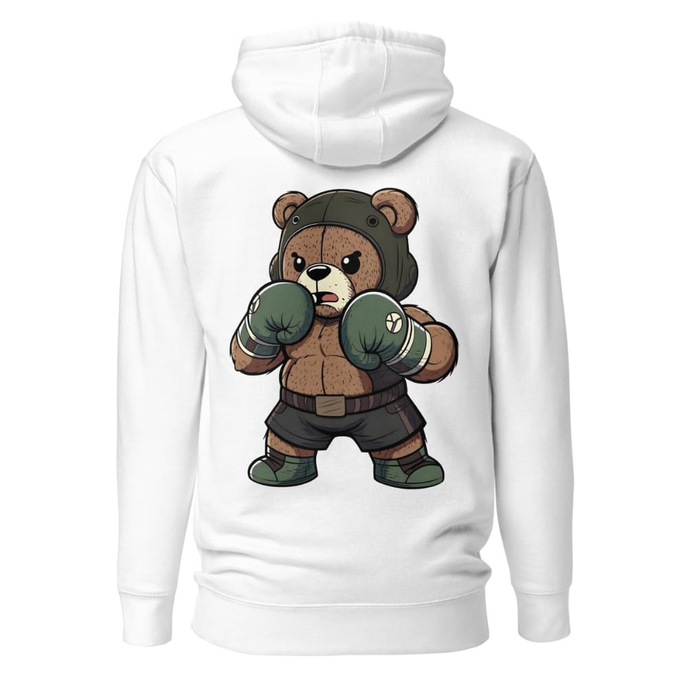 White hoodie with a bear character wearing boxing gloves on the back