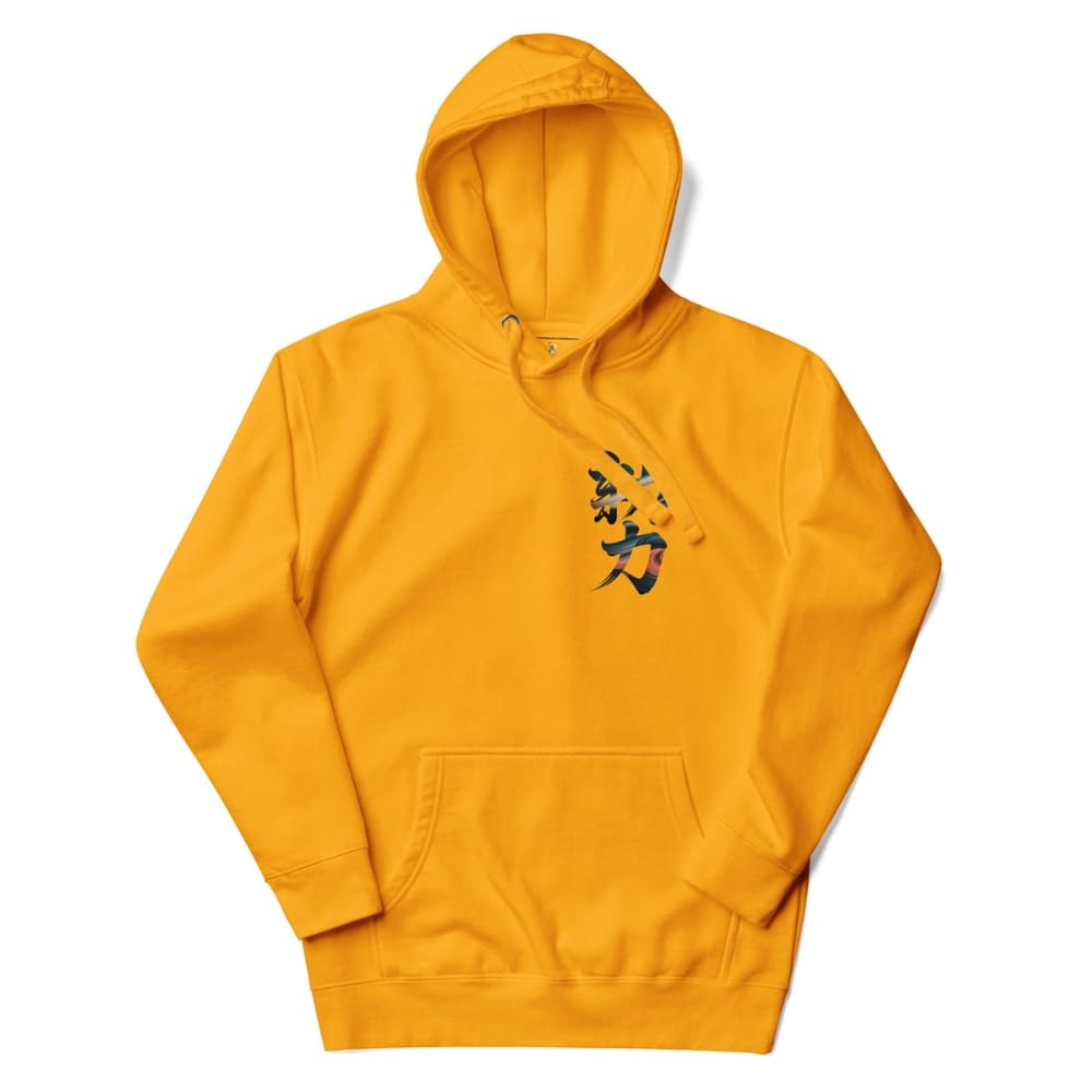 Yellow hoodie with a graphic design on a white background