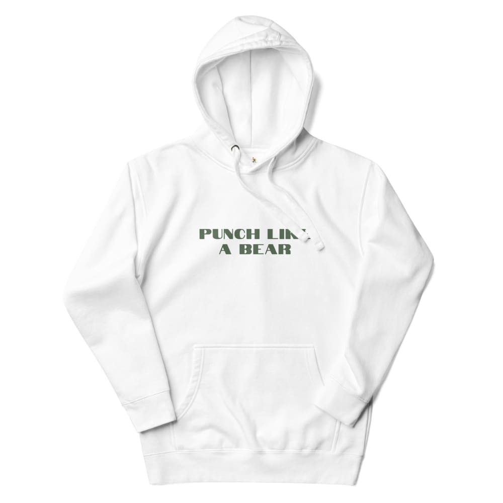White hoodie with 'Punch Like a Bear' text on a white background