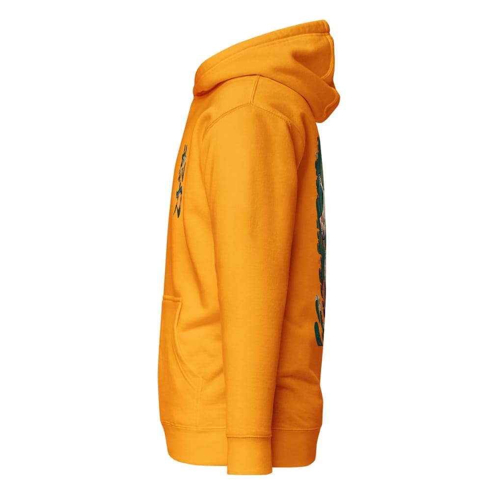 Orange hoodie with green text on a white background