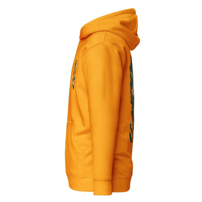 Orange hoodie with green text on a white background