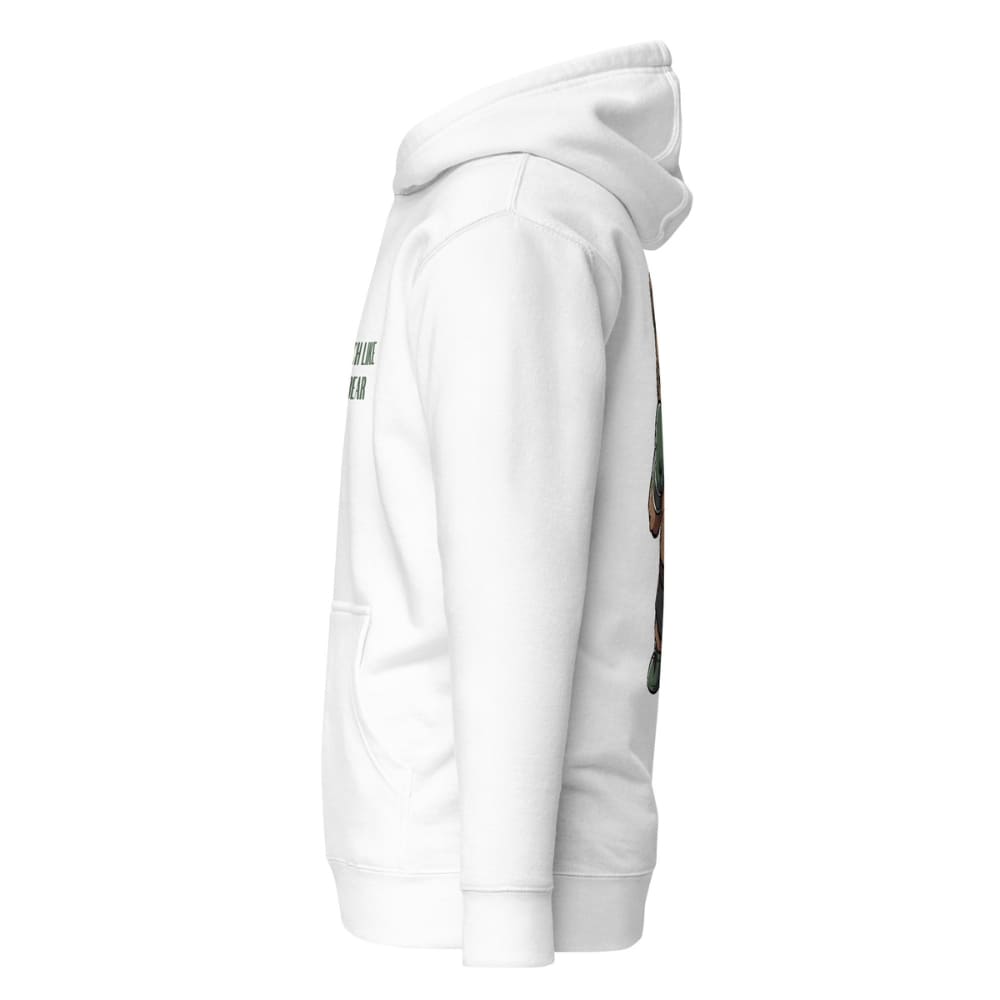 White hoodie with graphic designs on sleeves against a white background