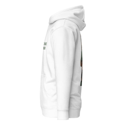 White hoodie with graphic designs on sleeves against a white background