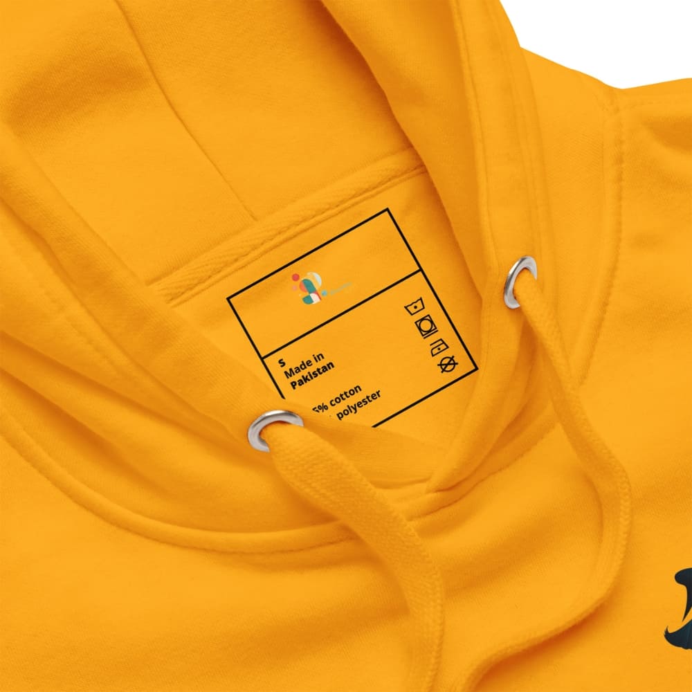 Yellow hoodie with a label detailing fabric composition on a white background