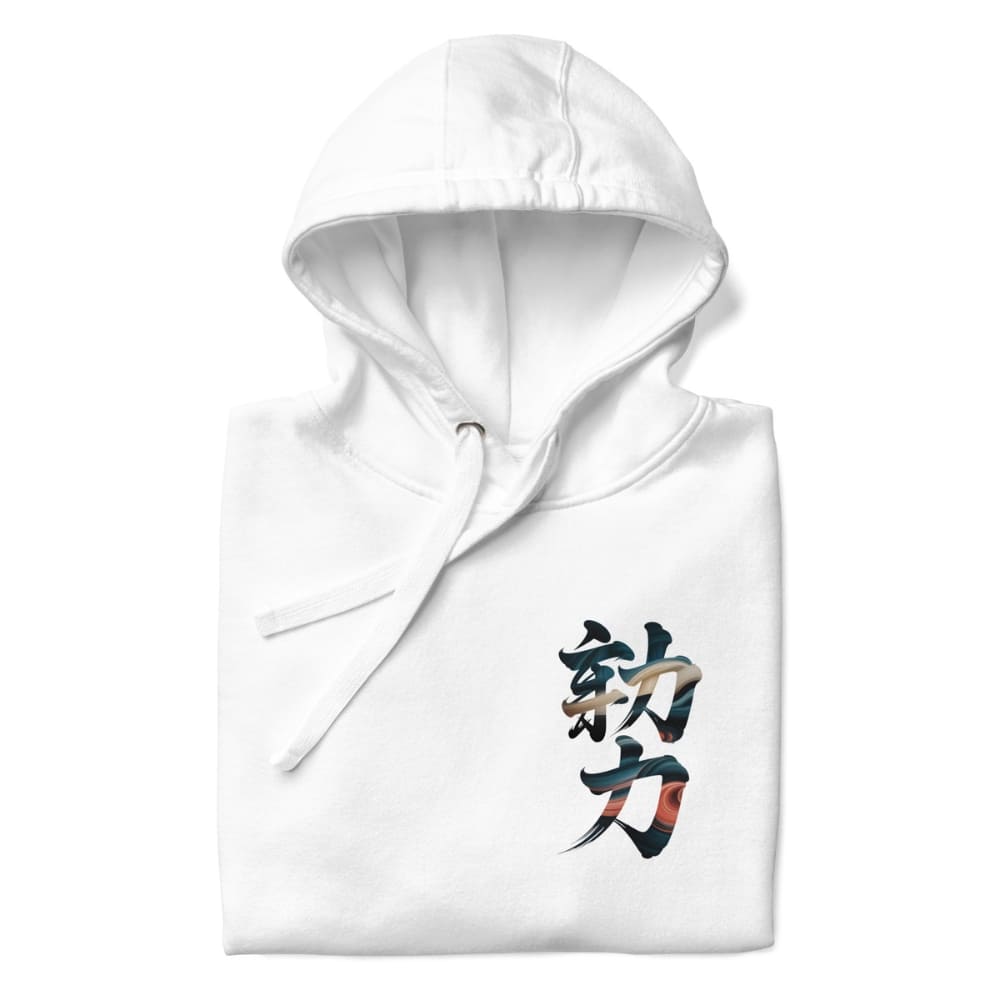 White hoodie with black and red text on a white background