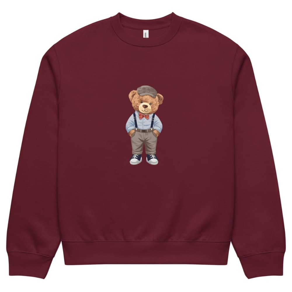 Maroon sweatshirt with a teddy bear graphic on a white background