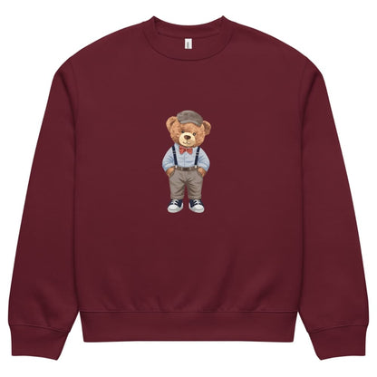 Maroon sweatshirt with a teddy bear graphic on a white background