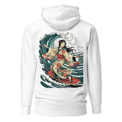White hoodie with a colorful graphic of a woman in traditional attire on the back, set against a white background.