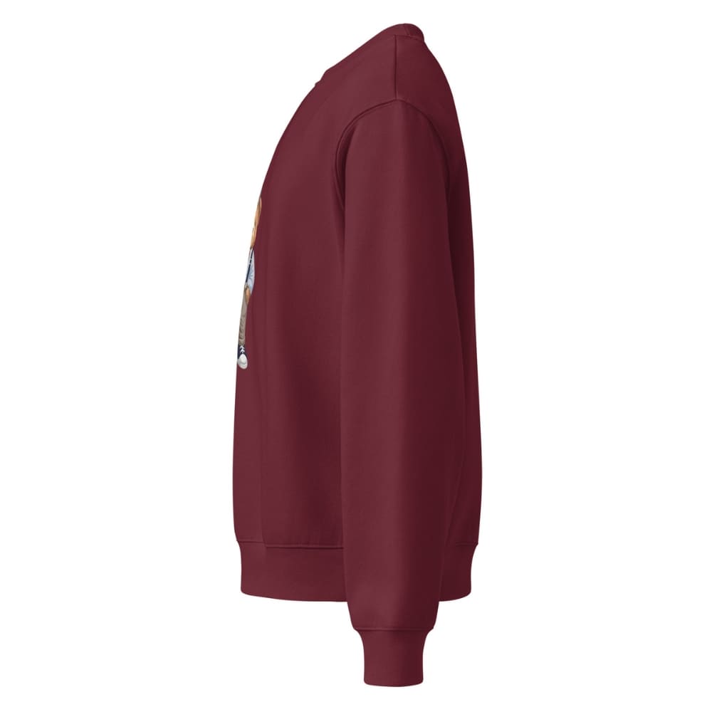 Maroon sweatshirt with a patch on the sleeve against a white background