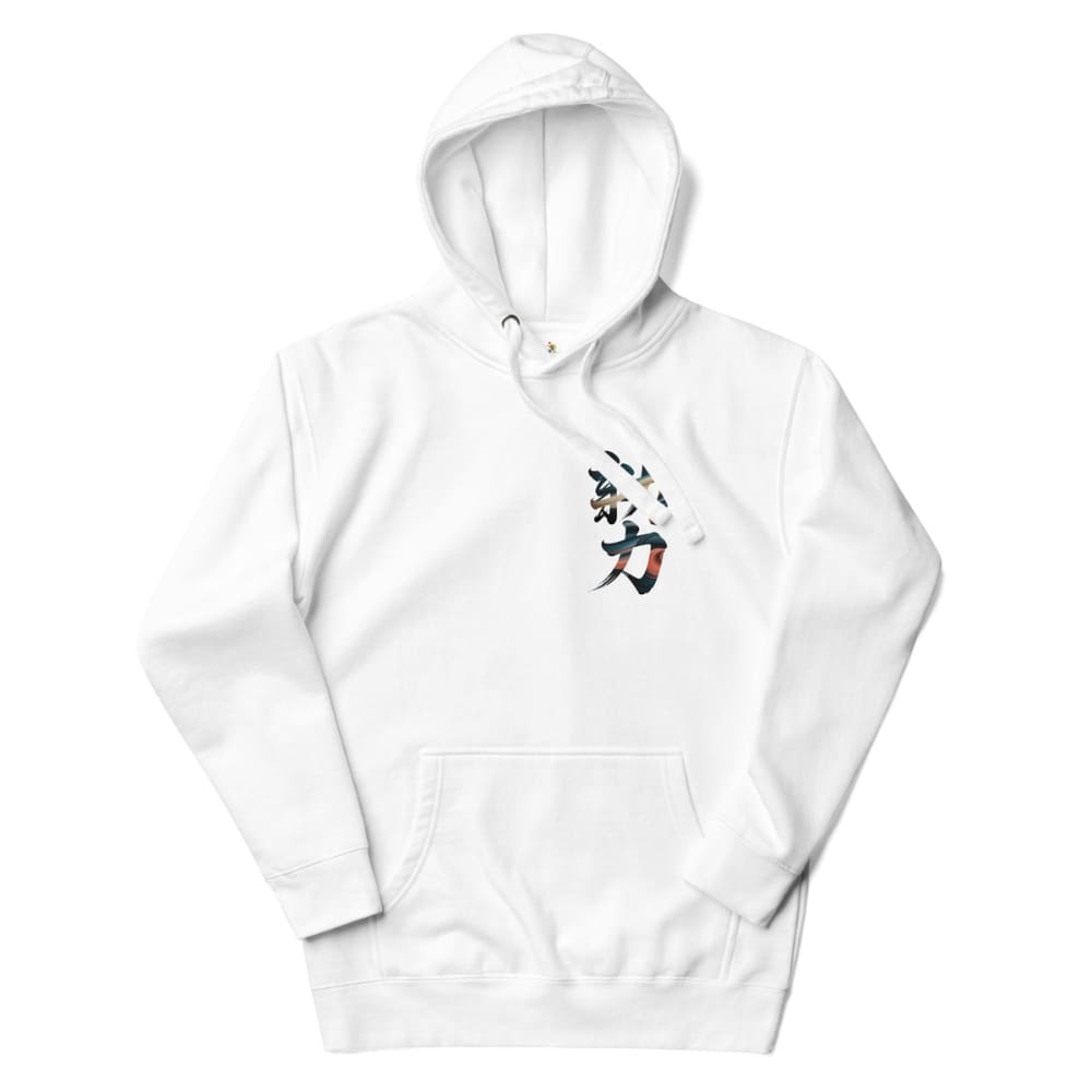 White hoodie with black and red text on a white background