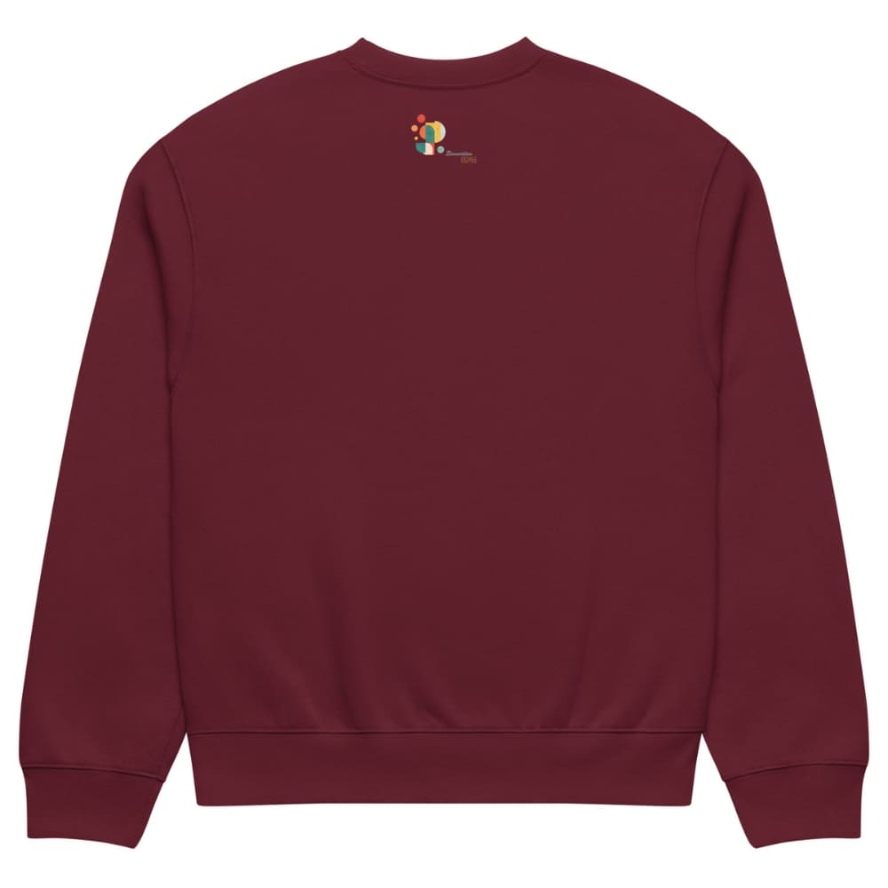 Maroon sweatshirt with a small colorful logo on the chest against a white background