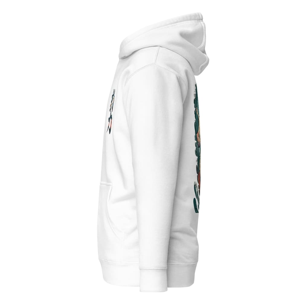White hoodie with colorful graphics on the sleeve against a white background