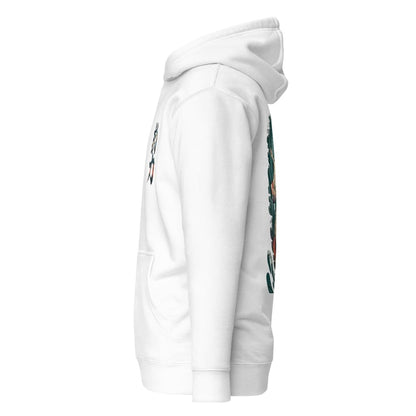 White hoodie with colorful graphics on the sleeve against a white background