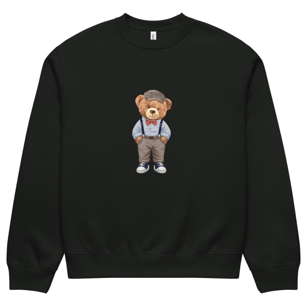 Black sweatshirt with a teddy bear design on a white background
