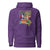 Purple hoodie with cartoon characters and text on a white background