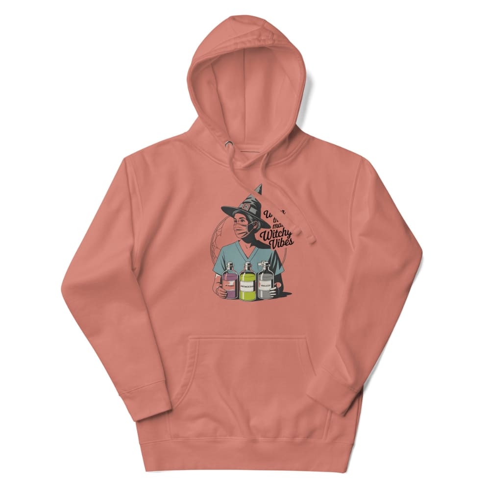 Pink hoodie with graphic design on a white background