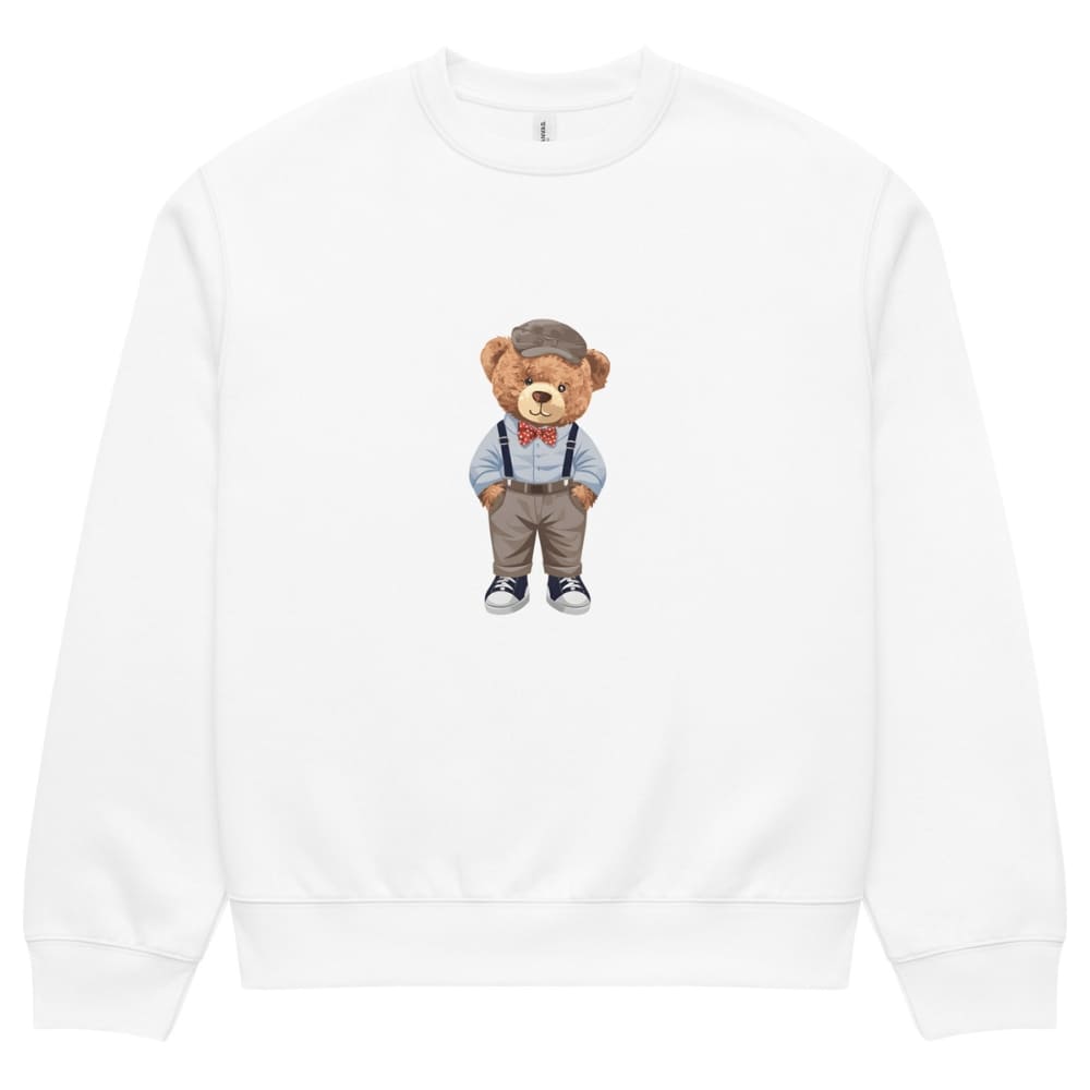 White sweatshirt with a teddy bear graphic wearing a suit on a white background