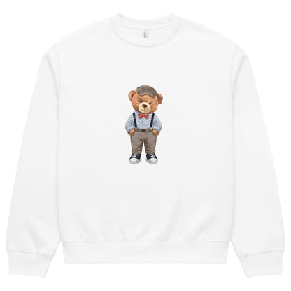 White sweatshirt with a teddy bear graphic wearing a suit on a white background