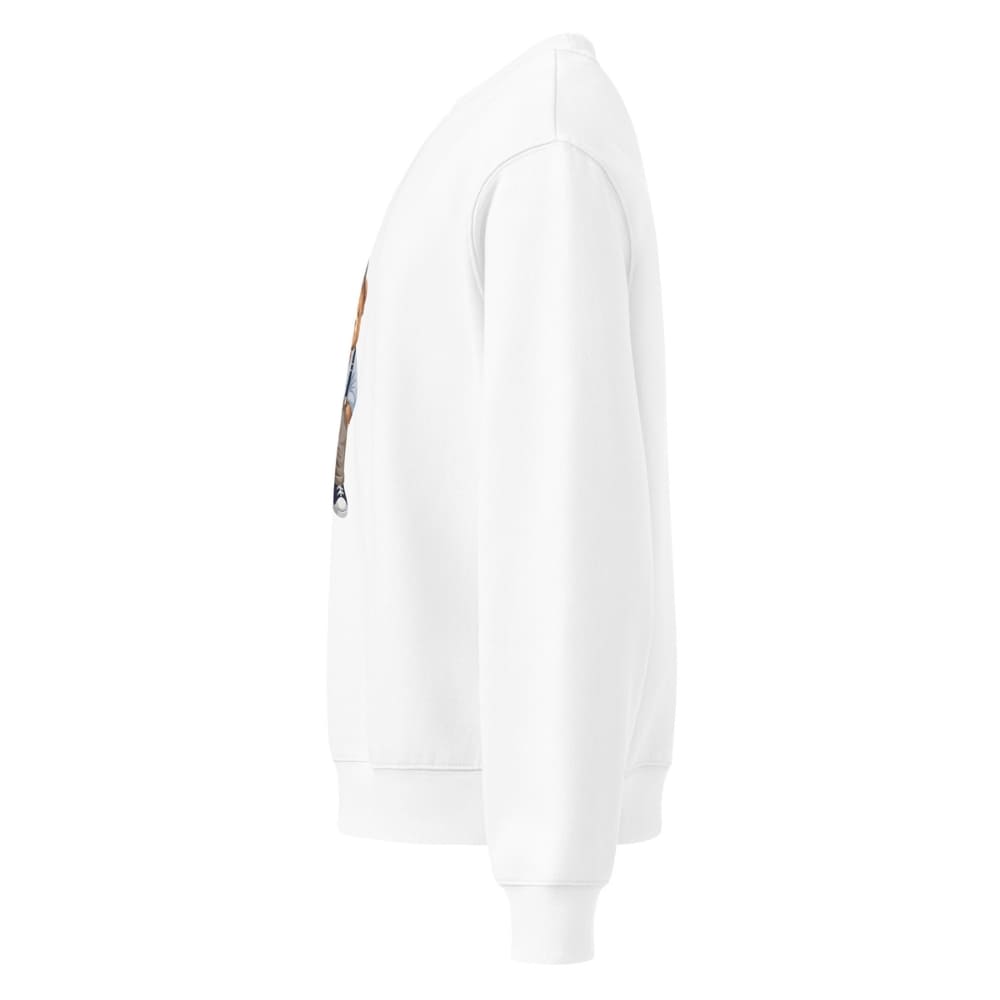 White hoodie with a small colorful graphic on a white background