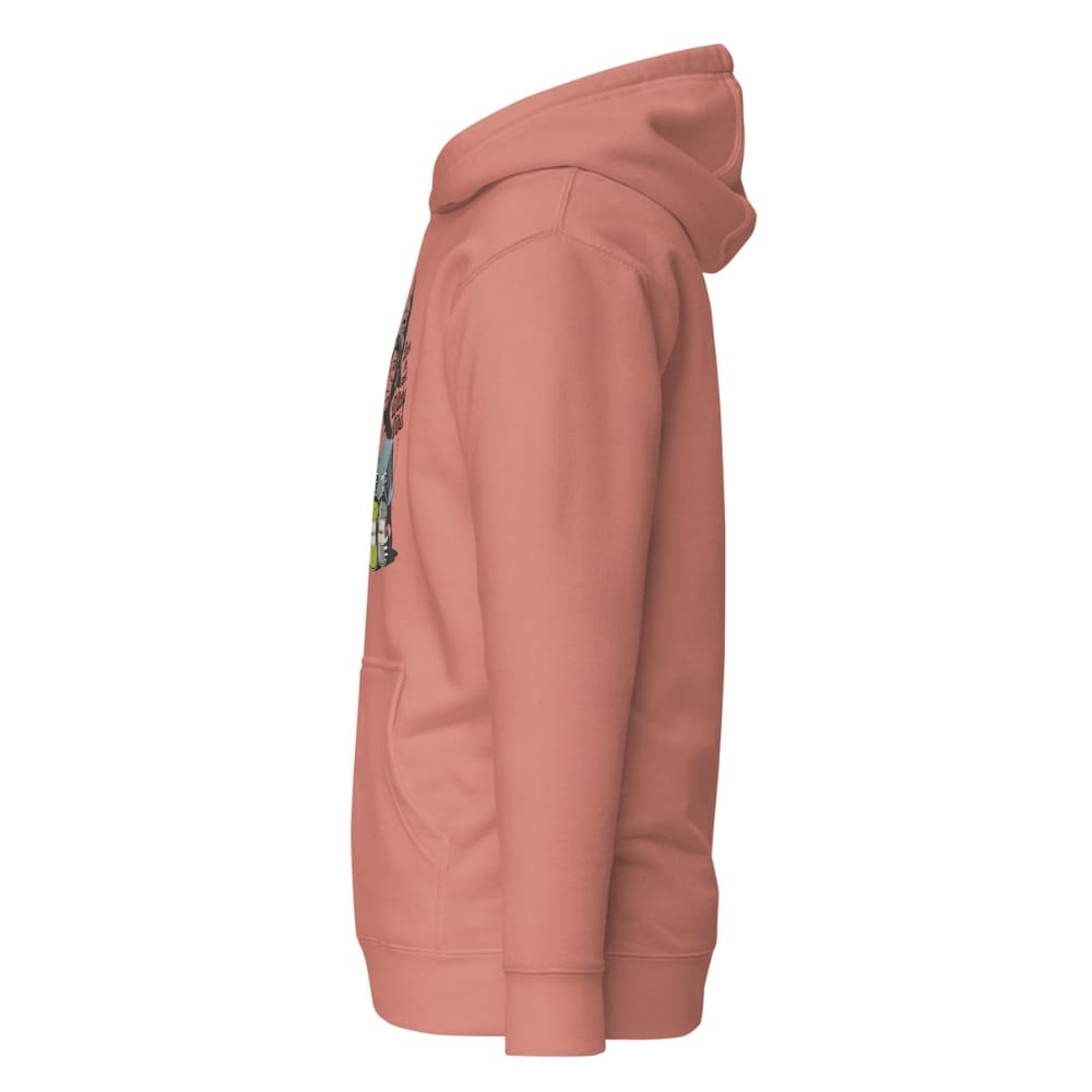 Side view of a pink hoodie with a small graphic on the sleeve against a white background