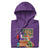 Purple hoodie with cartoon design of a teacher and monsters in a classroom on a white background