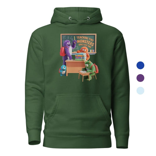 Green hoodie with cartoon characters teaching monsters design on a white background