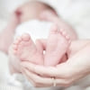 Close-up of a baby's feet being held by an adult's hands