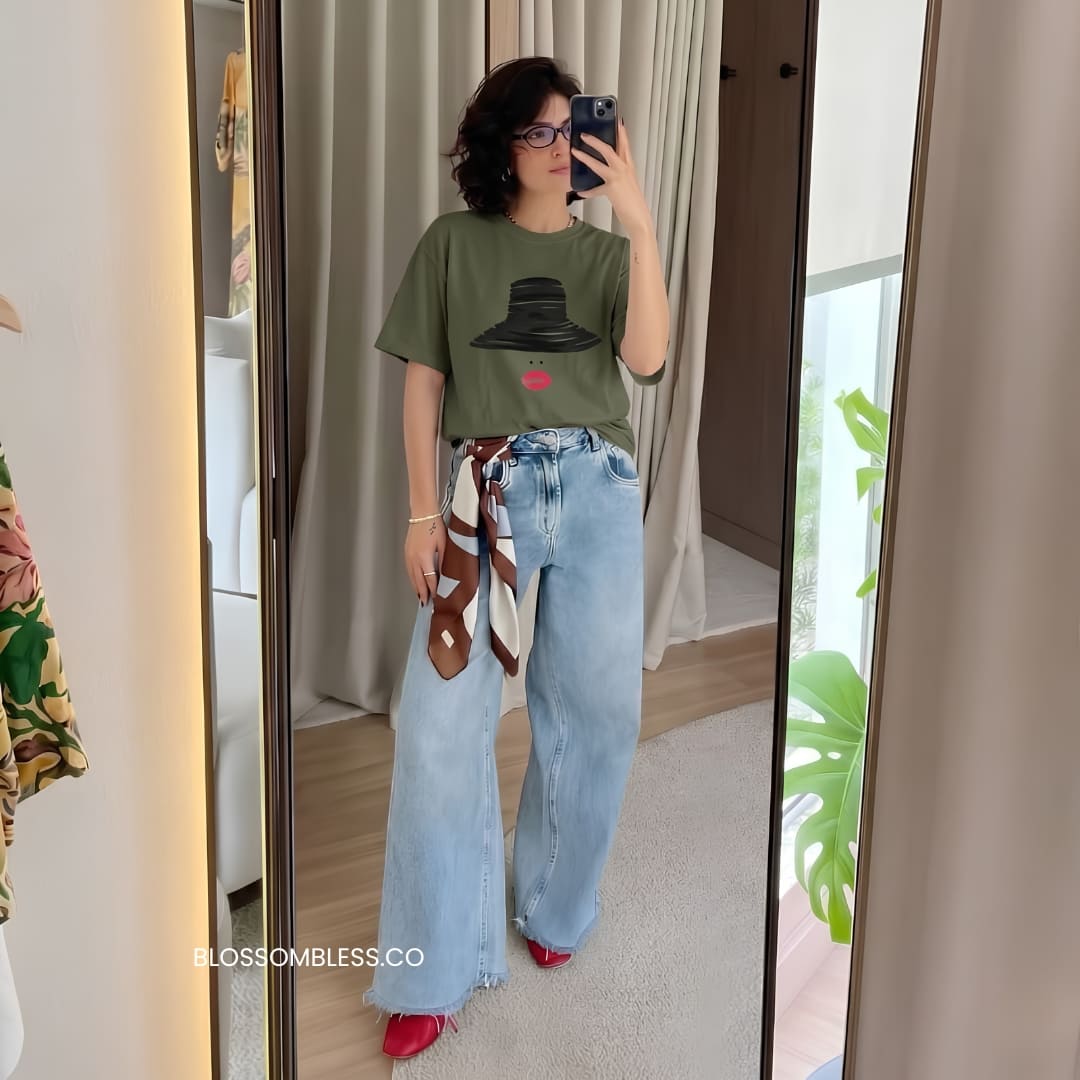 A woman takes a mirror selfie in a room, wearing a dusty rose graphic t-shirt and black wide-leg trousers. The t-shirt features a graphic with the text 'LA VIDA ANDA RILHAS'.
