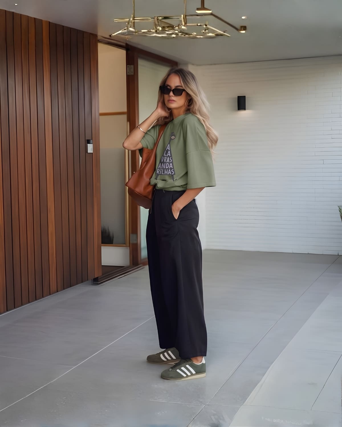 Model wearing the Blossombless.co Wandering Words™ oversized tee in olive, styled with wide-leg black trousers