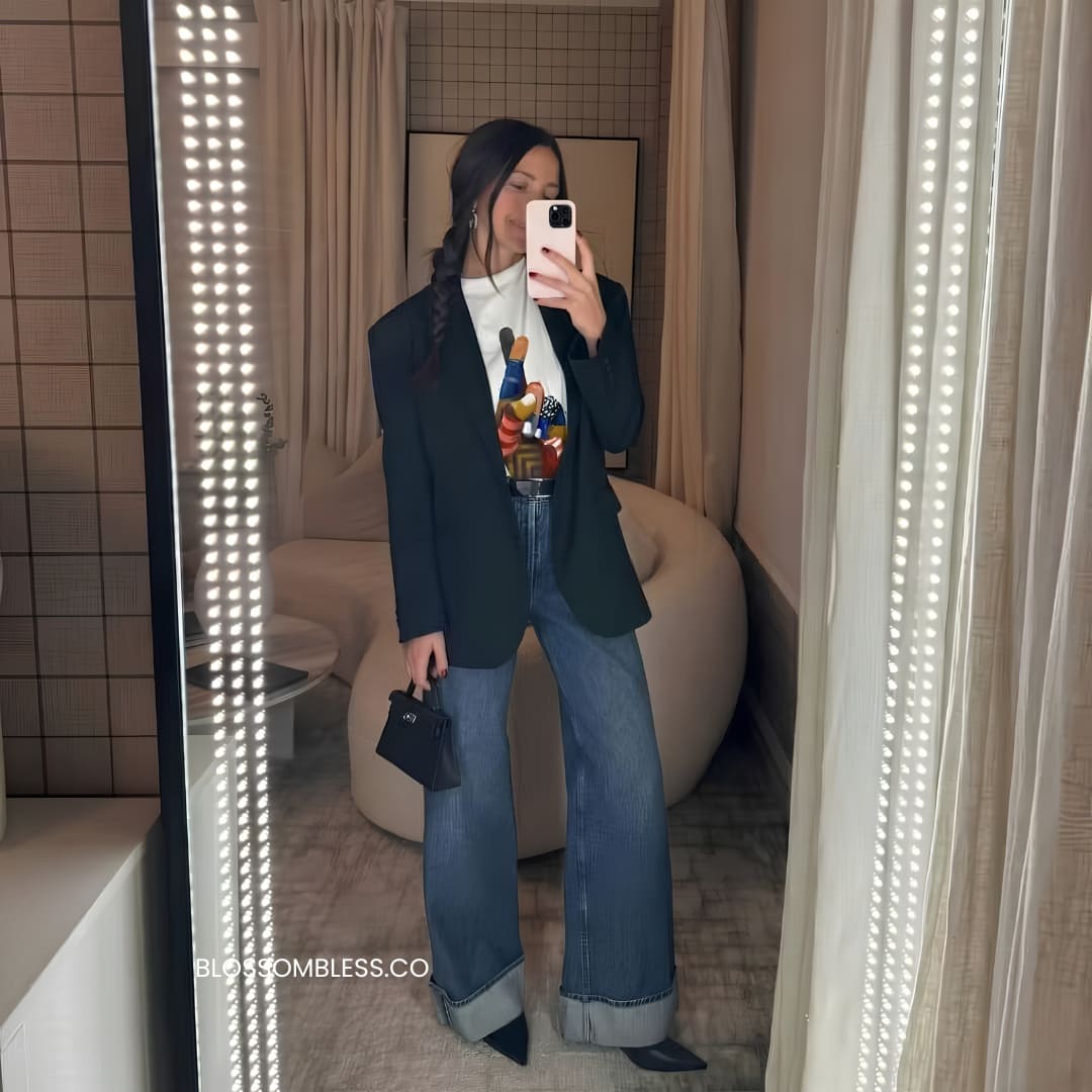 Person taking a mirror selfie wearing a dark blazer, colorful sweater, and jeans in a room with beige walls and curtains.