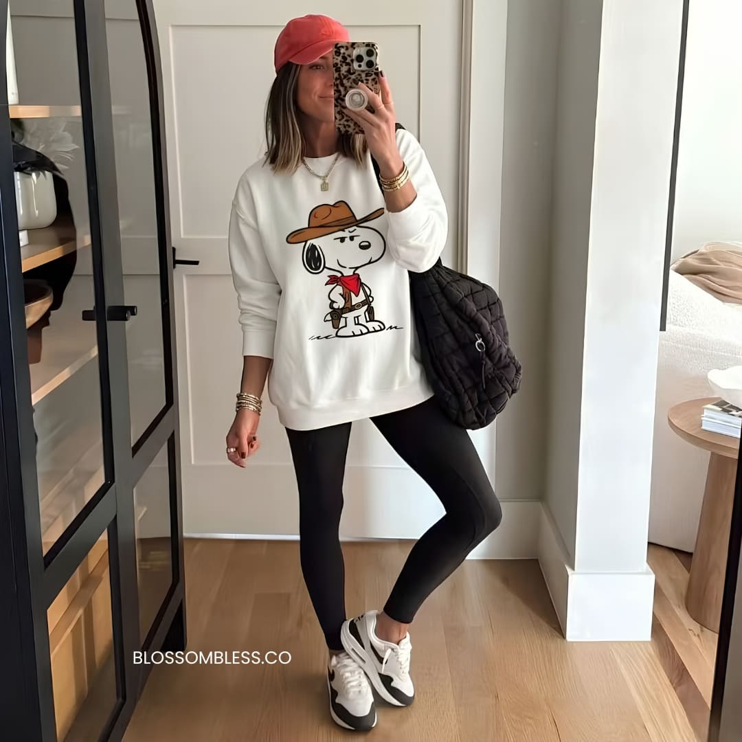 A woman takes a mirror selfie in a room, wearing an off-white long-sleeve sweatshirt with a Snoopy graphic, black leggings, white sneakers, a red cap, and a black quilted shoulder bag. The text 'BLOSSOMBLESSE.