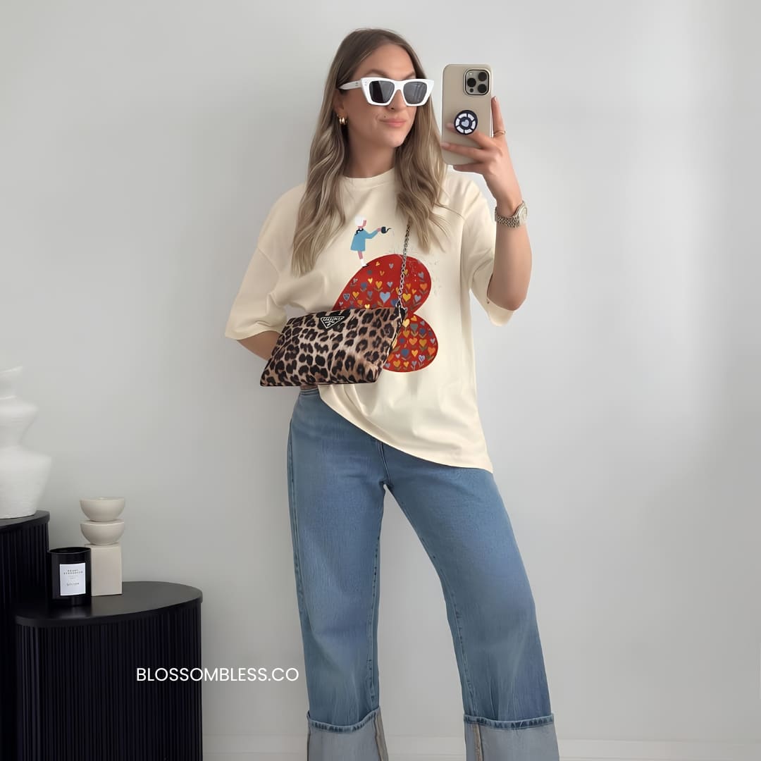 A woman takes a mirror selfie wearing a cream graphic t-shirt with a red and orange patterned heart, blue jeans, and white sunglasses. She is holding a leopard print clutch bag.