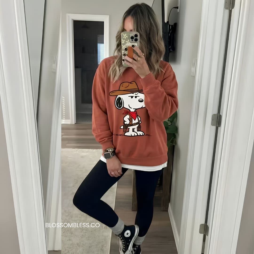 A woman takes a mirror selfie wearing an oversized rust-orange crewneck sweatshirt featuring a Snoopy graphic, paired with black leggings, gray socks, and black-and-white sneakers. The watermark 'BLOSSOMBLESSECO' is visible in the bottom left corner.
