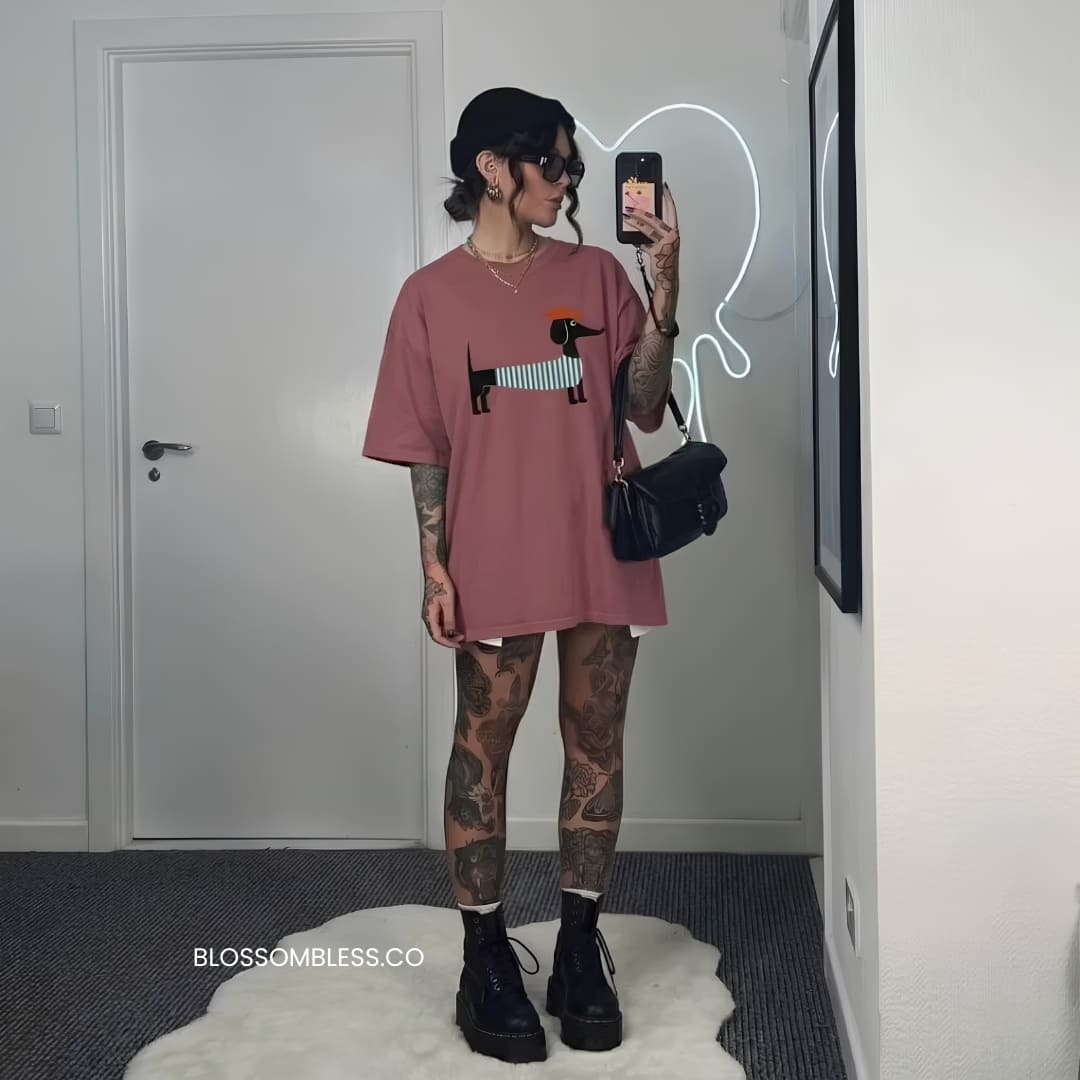 A person taking a mirror selfie in an indoor hallway, wearing an oversized dusty rose pink graphic t-shirt with a dachshund design, black lace-up boots, and carrying a black shoulder bag.