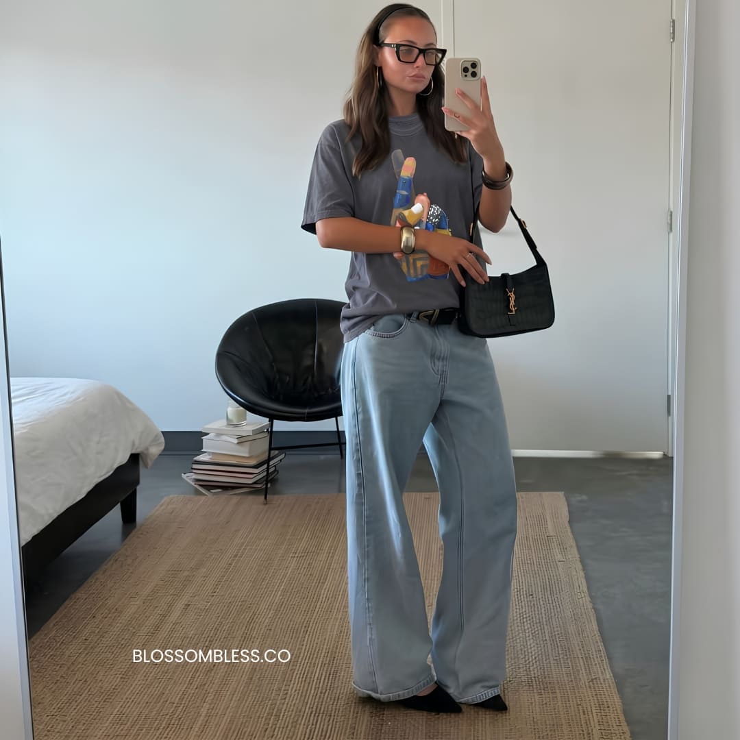 Person taking a mirror selfie wearing a gray t-shirt with a graphic design and light blue jeans in a room.