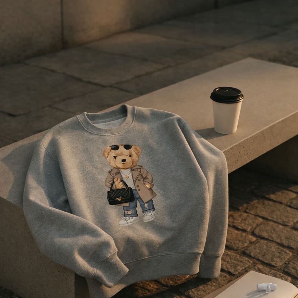 Gray sweatshirt with a teddy bear design on a stone bench with a coffee cup.