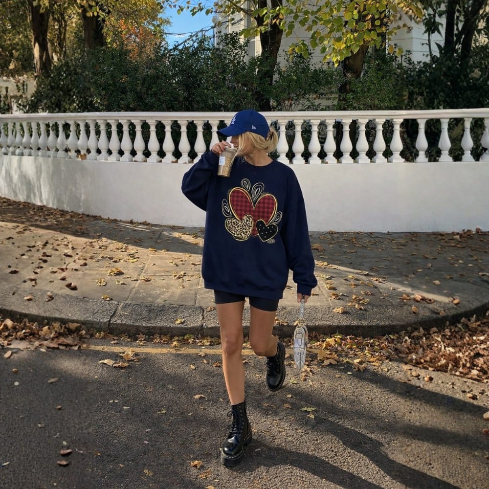 Person wearing a navy sweatshirt with a colorful design, walking outdoors on a path.