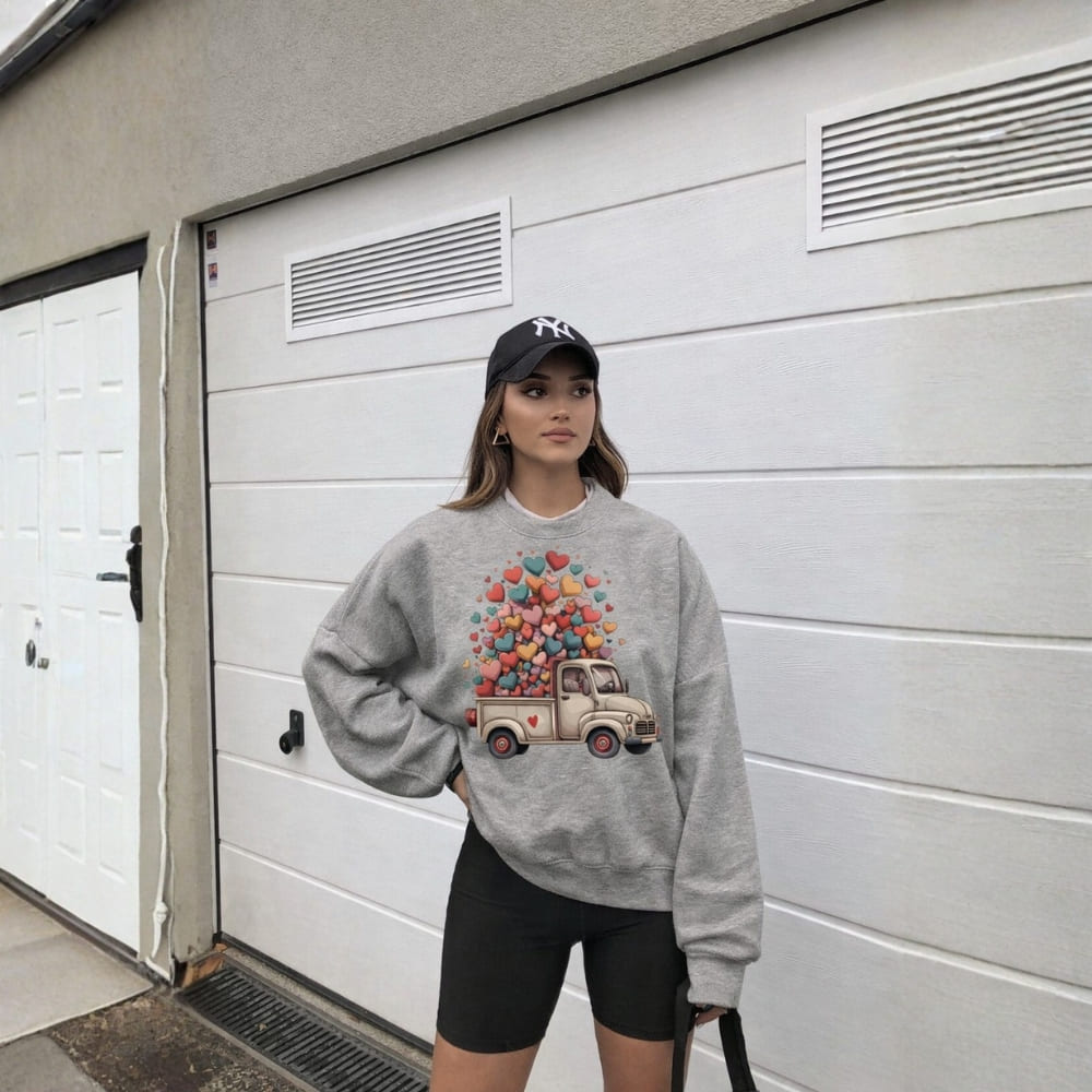 Woman wearing a gray sweatshirt with a colorful truck design in front of a white garage door.
