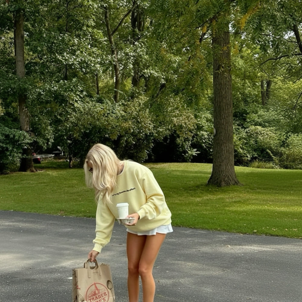 Person in a yellow sweatshirt and white shorts standing in a park with trees and grass.