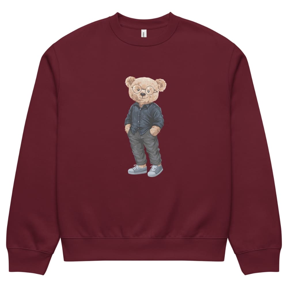 Maroon sweatshirt with a teddy bear graphic on a white background