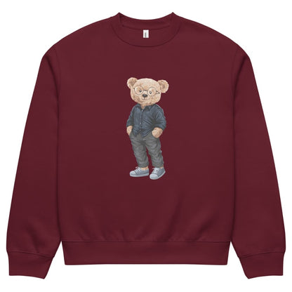 Maroon sweatshirt with a teddy bear graphic on a white background