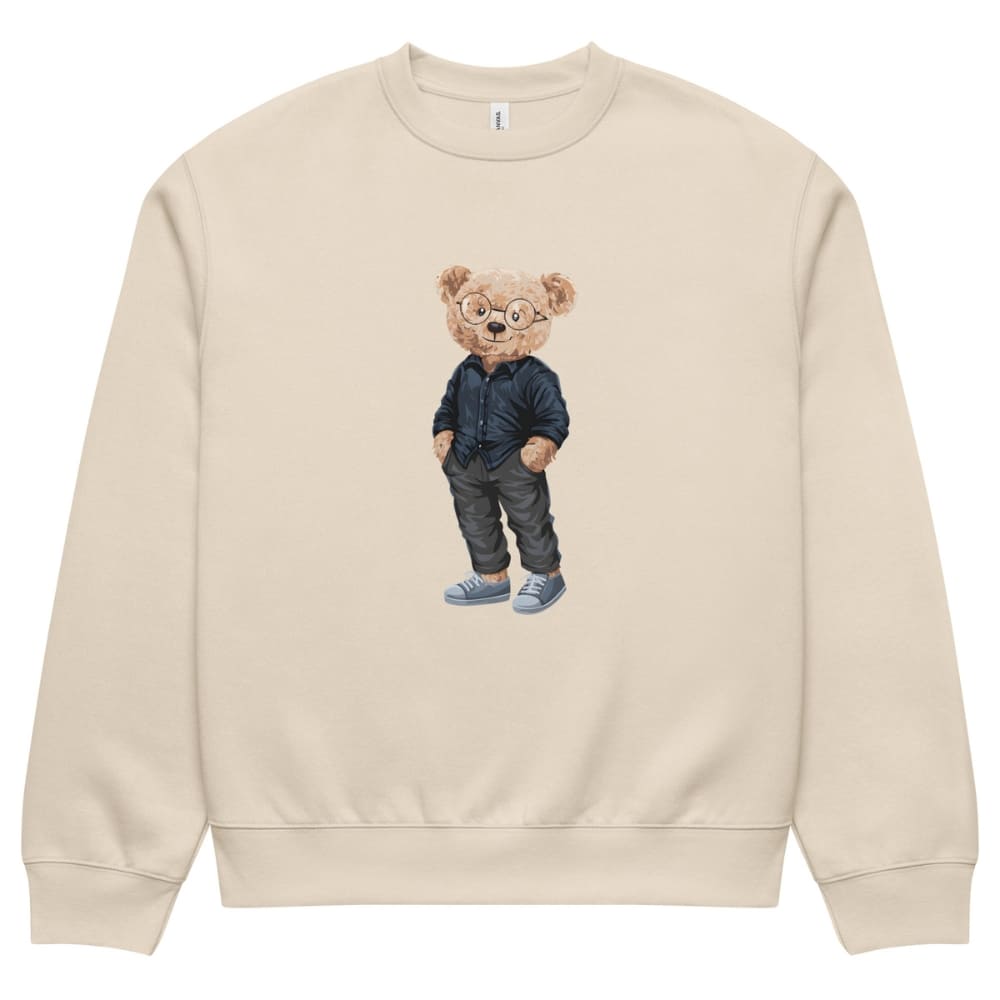 Beige sweatshirt with a teddy bear wearing glasses and a denim jacket on a white background