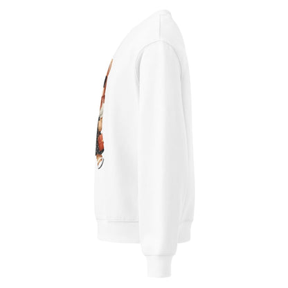 White hoodie with a colorful graphic on the sleeve against a white background
