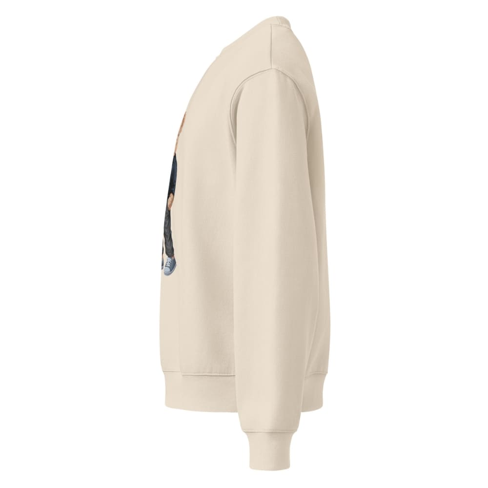 Beige hoodie with a small graphic on the chest against a white background