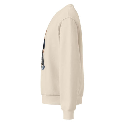 Beige hoodie with a small graphic on the chest against a white background